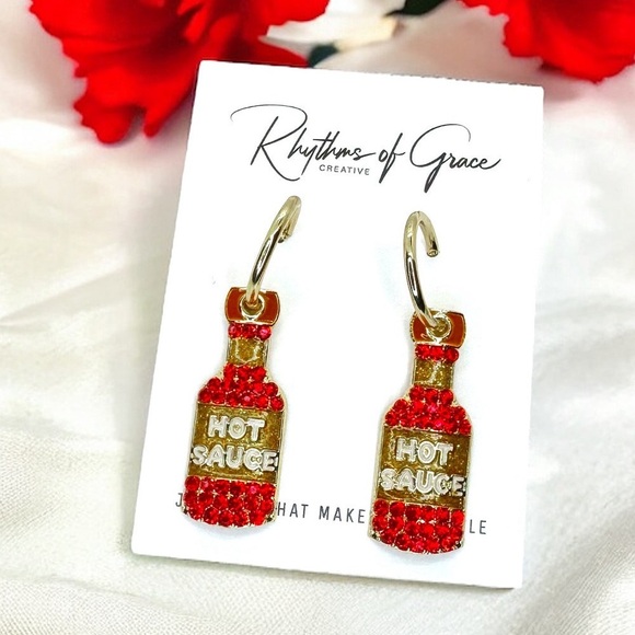 Jewelry - Turn Up the Heat: Sizzling Hot Sauce Earrings! 🌶️ NWT Red Rhinestone Hoops
